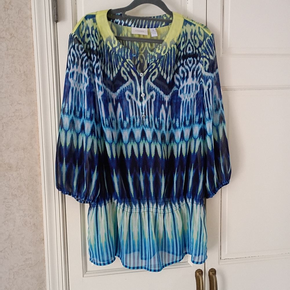 Chico’s Ladies 2/size 12 Blue Green Tribal Print Sheer Tunic - Picture 2 of 4
